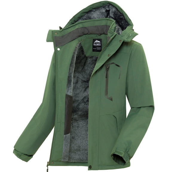 Ellswos-Sports Men's Winter Ski Jacket Waterproof Snow Coats Snowboard Fleece Lining Jacket Warm Parka with Hooded Olive Green XL