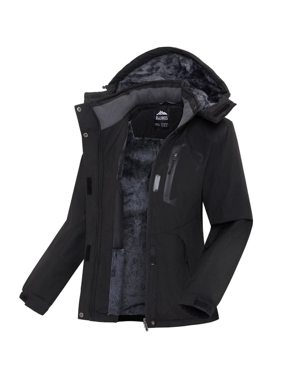 Women's Winter Ski Jacket Waterproof Snow Coats Snowboard Fleece Lining Jacket Warm Parka with Hooded Black L