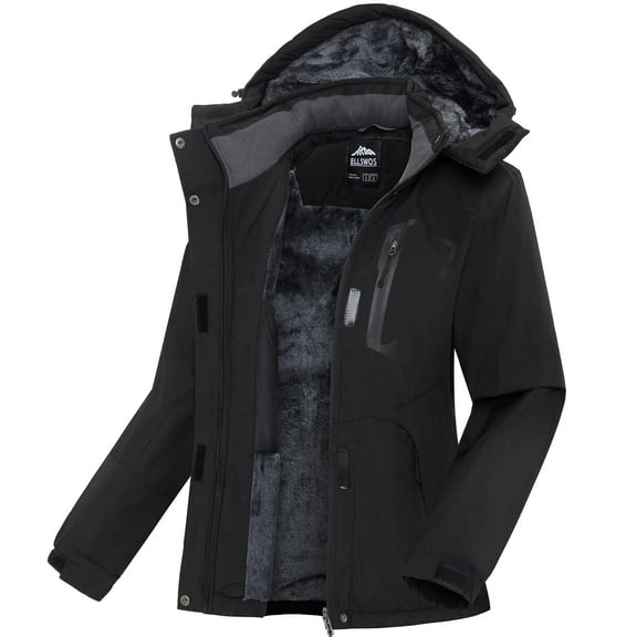 Ellswos-Sports Women's Winter Ski Jacket Waterproof Snow Coats Snowboard Fleece Lining Jacket Warm Parka with Hooded Black XXL