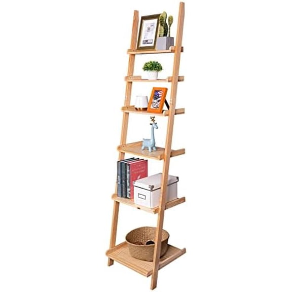 Ellwood 6-Tier Ladder Shelf, Leaning Display Shelf, Solid Wood Bookcase, Tall Stair Storage Rack, Natural Pine Wood$$Furniture