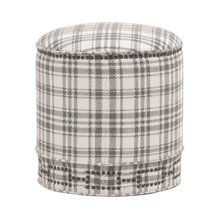 Elly 20 Inch Plaid Fabric Ottoman, Round, Nailhead Accents, Gray, White- Saltoro Sherpi