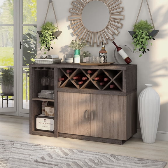 Elm Buffet Credenza Bar with Wine Rack, Distressed Gray