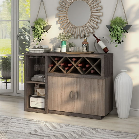 Elm Buffet Credenza Bar with Wine Rack, Distressed Gray
