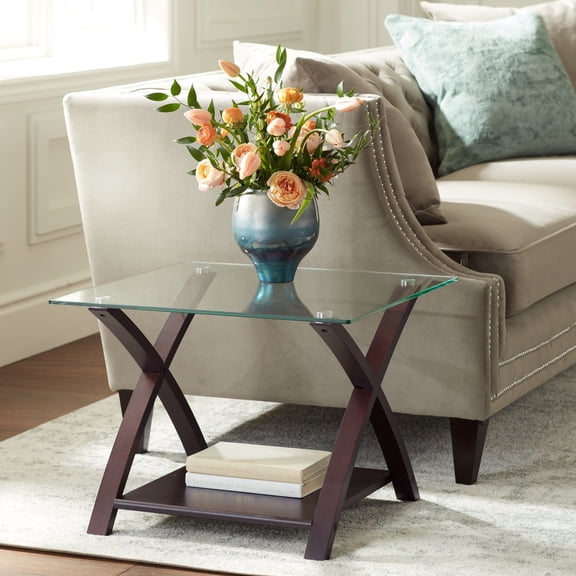 Elm Lane Ashton Modern Espresso Wood Square Accent Side End Table 23 3/4" Wide with Shelf Brown Clear Glass Tabletop for Living Room Bedroom Entryway