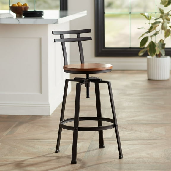 Elm Lane Clifton Bronze Metal Swivel Bar Stool Brown 29 1/2" High Industrial Adjustable Wood Seat with Backrest Footrest for Kitchen Counter Height