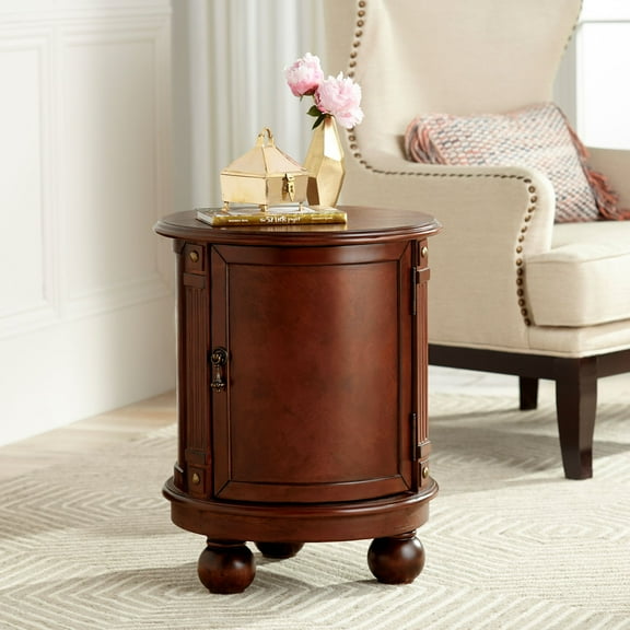 Elm Lane Kendall Vintage Espresso Wood Round Accent Table 19" Wide with Door and 2-Shelf Dark Brown for Living Room Bedroom Bedside Entryway Office