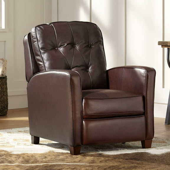 Elm Lane Livorno Chocolate Genuine Leather Recliner Chair Modern Armchair Comfortable Push Manual Reclining Footrest Tufted for Bedroom Living Room