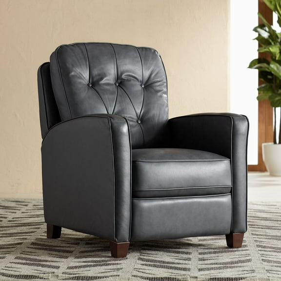 Elm Lane Livorno Gray Genuine Leather Recliner Chair Modern Armchair Comfortable Push Manual Reclining Footrest Tufted for Bedroom Living Room Reading