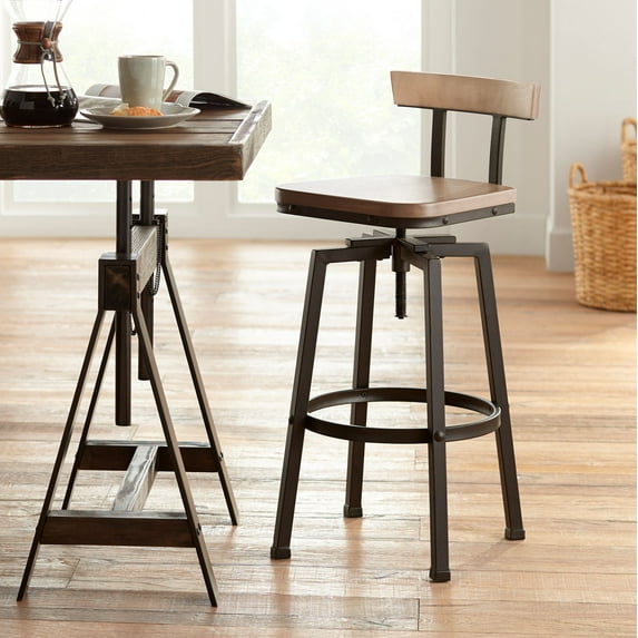Elm Lane Roark industrial adjustable swivel bar stool, gray metal frame, light wood seat, 29 1/2in high