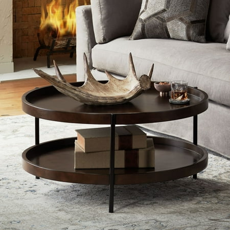Elm Lane Taos Modern Industrial Minimalist Wood Round Coffee Table 36" Wide with Lower Shelf Dark Brown for Living Room Bedroom Bedside