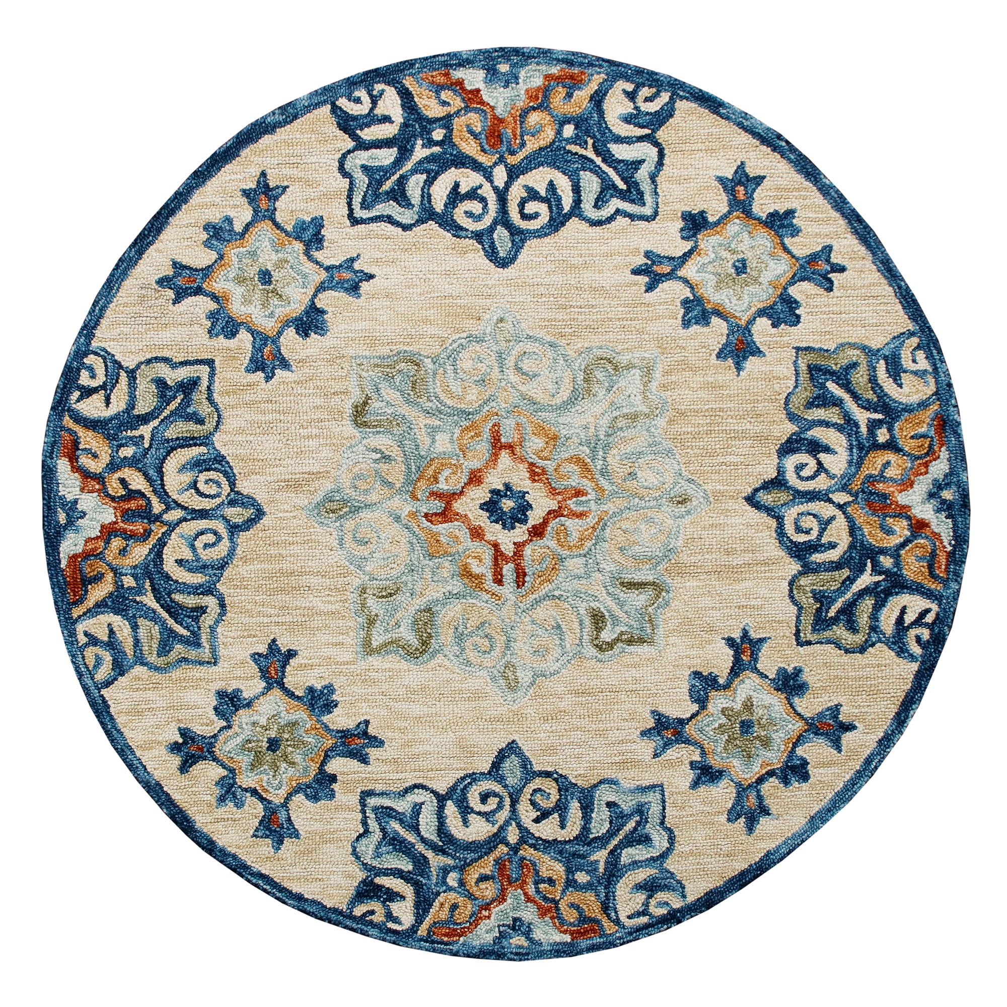 Elm & Oak Clio 3' Round Beige/Blue Medallion Handmade Wool Indoor Area Rug