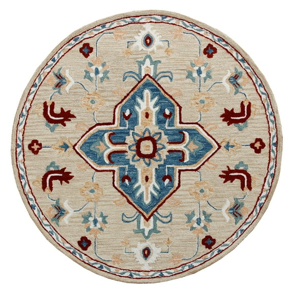 Elm & Oak Clio 4'10" Round Beige/Blue Medallion Handmade Wool Indoor Area Rug