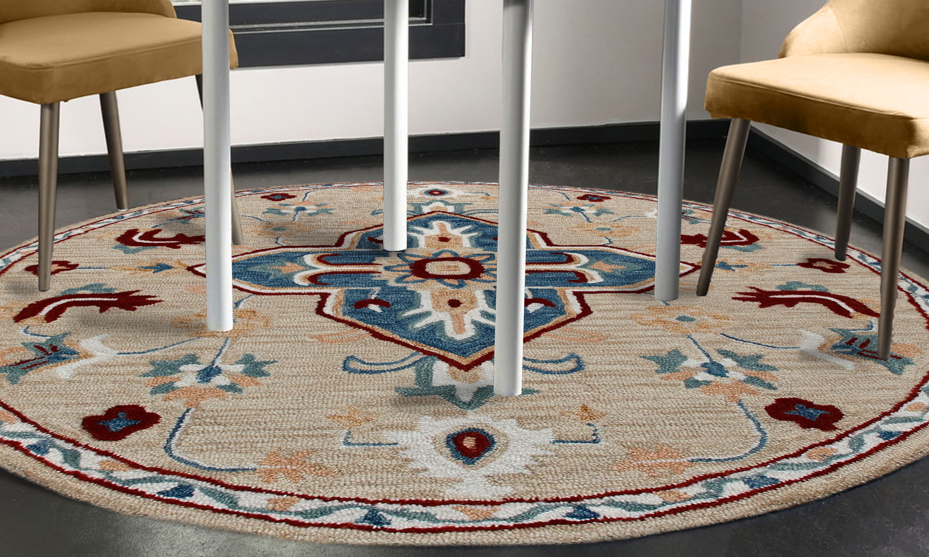 Elm & Oak Clio 7'3" Round Beige/Blue Medallion Handmade Wool Indoor Area Rug