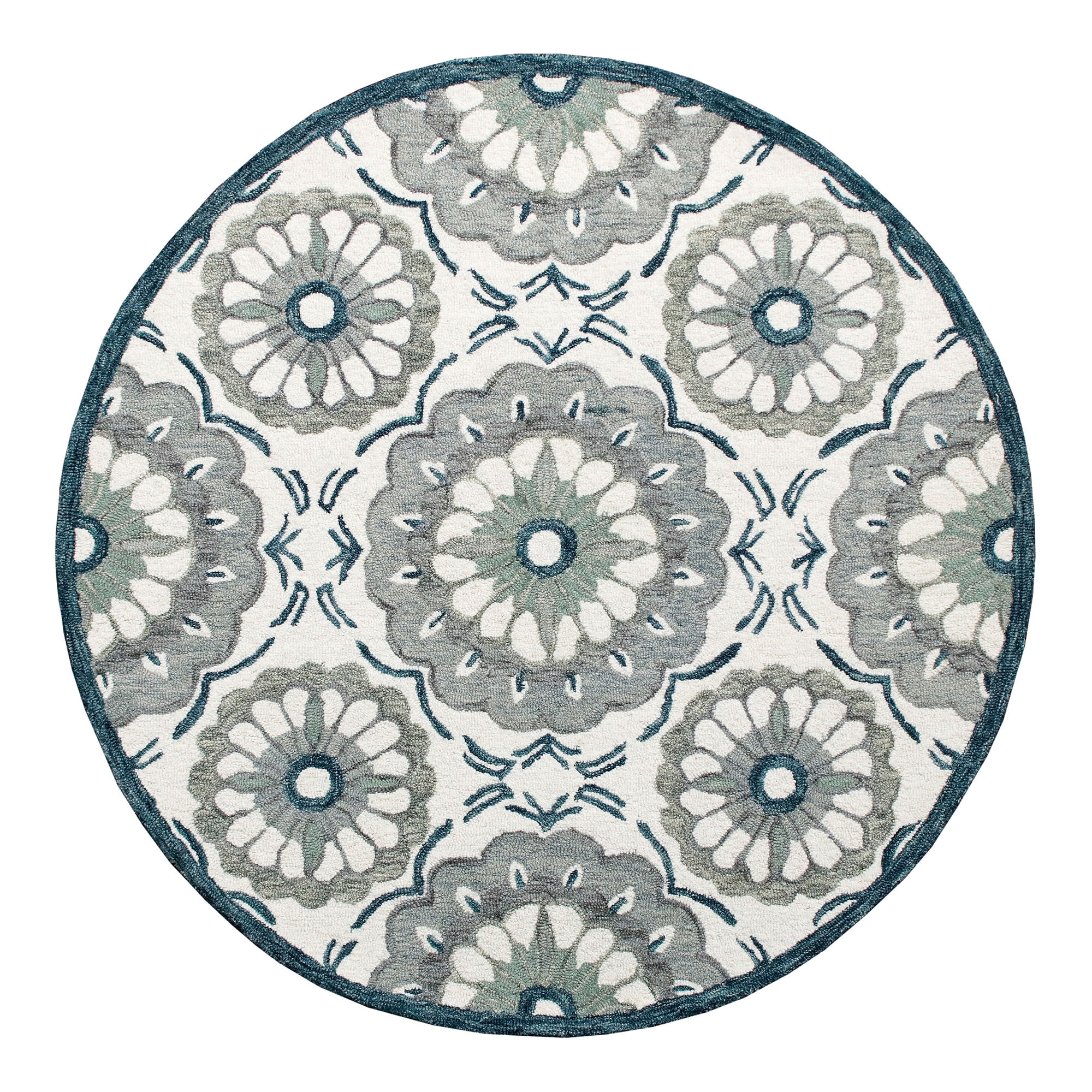 Elm & Oak Clio 7'3" Round Ivory/Gray Suzani Handmade Wool Indoor Area Rug