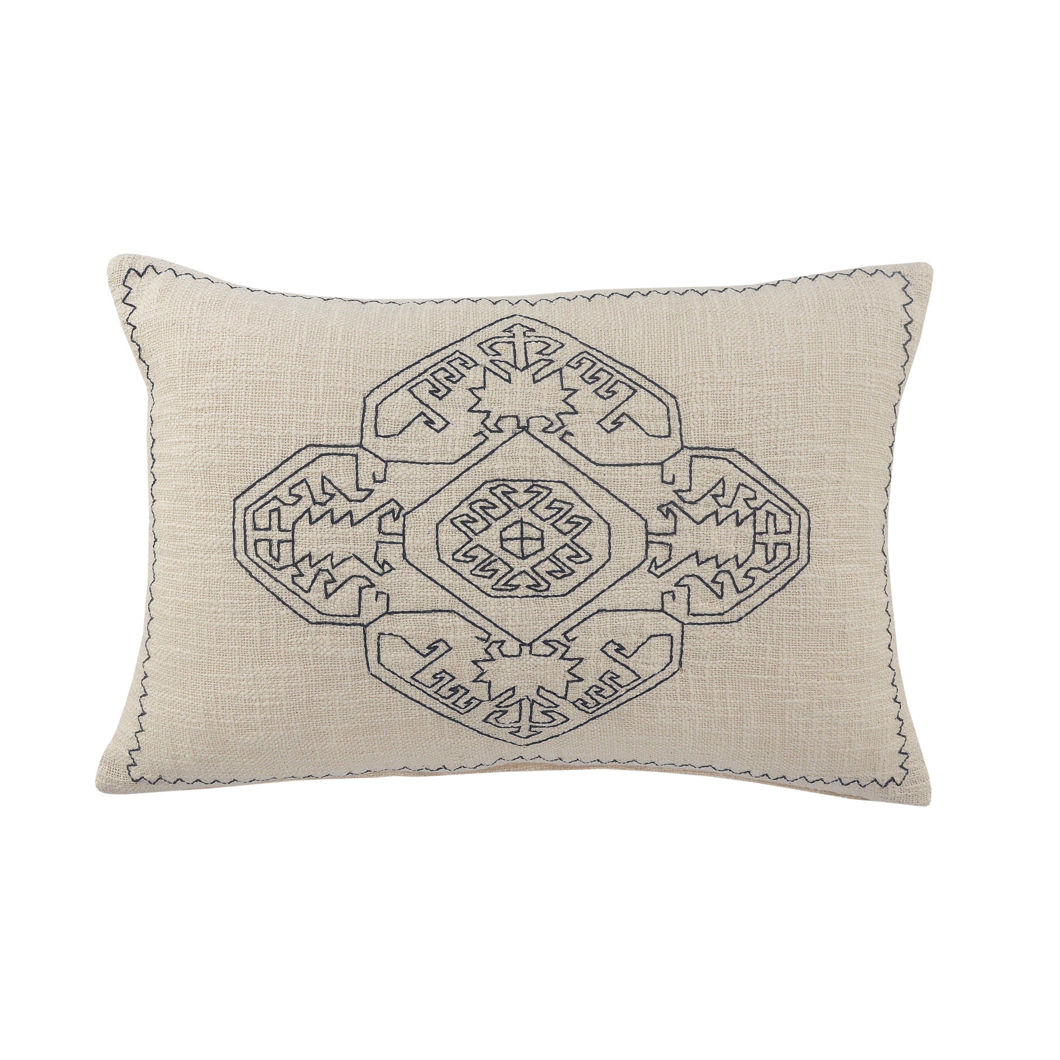 Off-White and Navy Blue Embroidered Rectangular Lumbar Pillow