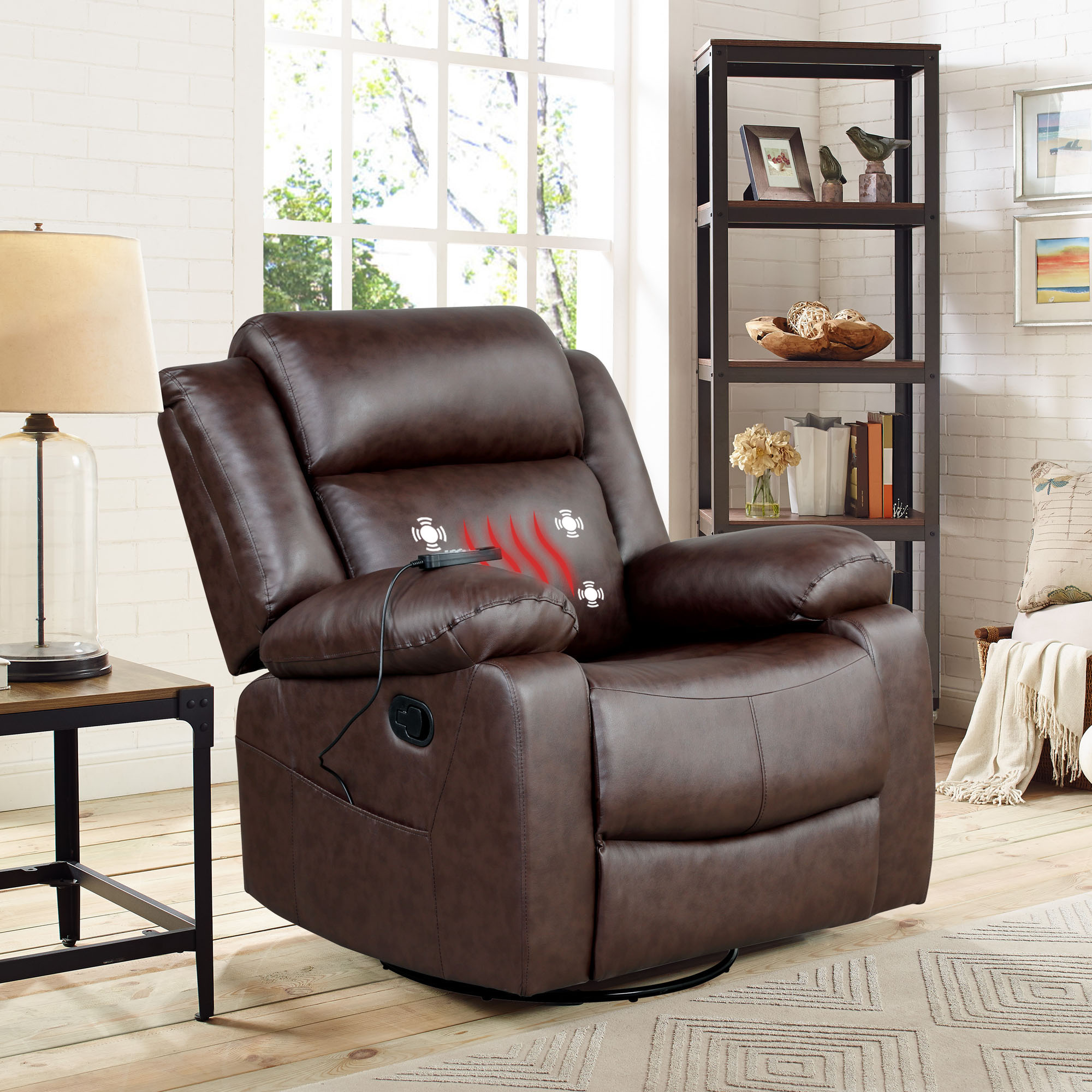 Elm & Oak Maxima Standard Manual Swivel Recliner with Massage and Heat, Brown Faux Leather - image 1 of 13