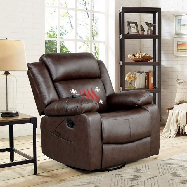 Elm & Oak Maxima Standard Manual Swivel Recliner with Massage and Heat, Brown Faux Leather