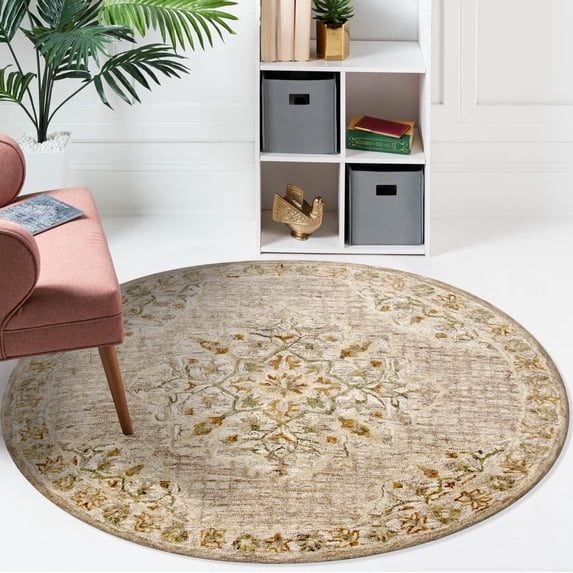 Elm & Oak Talia 4' Round Beige/Cream Medallion Wool Indoor Area Rug