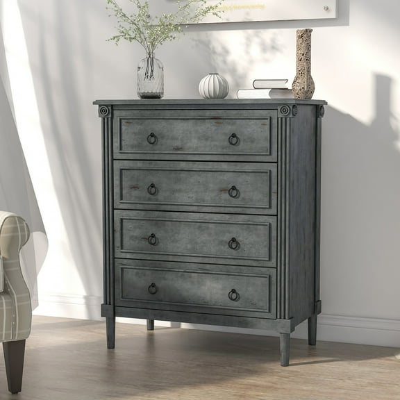 Elm Solid Wood 4-Drawer Chest, Antique Gray