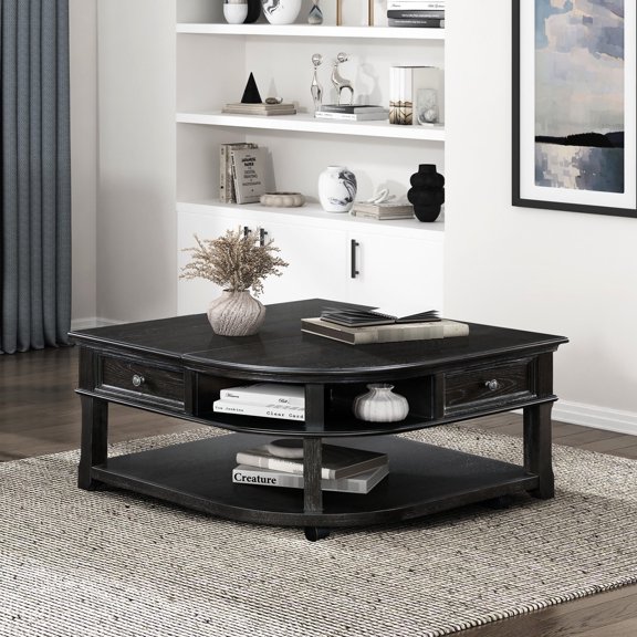 Elm Veneer Coffee Table with Dovetail Drawer and Casters / Move Easily in Living Room