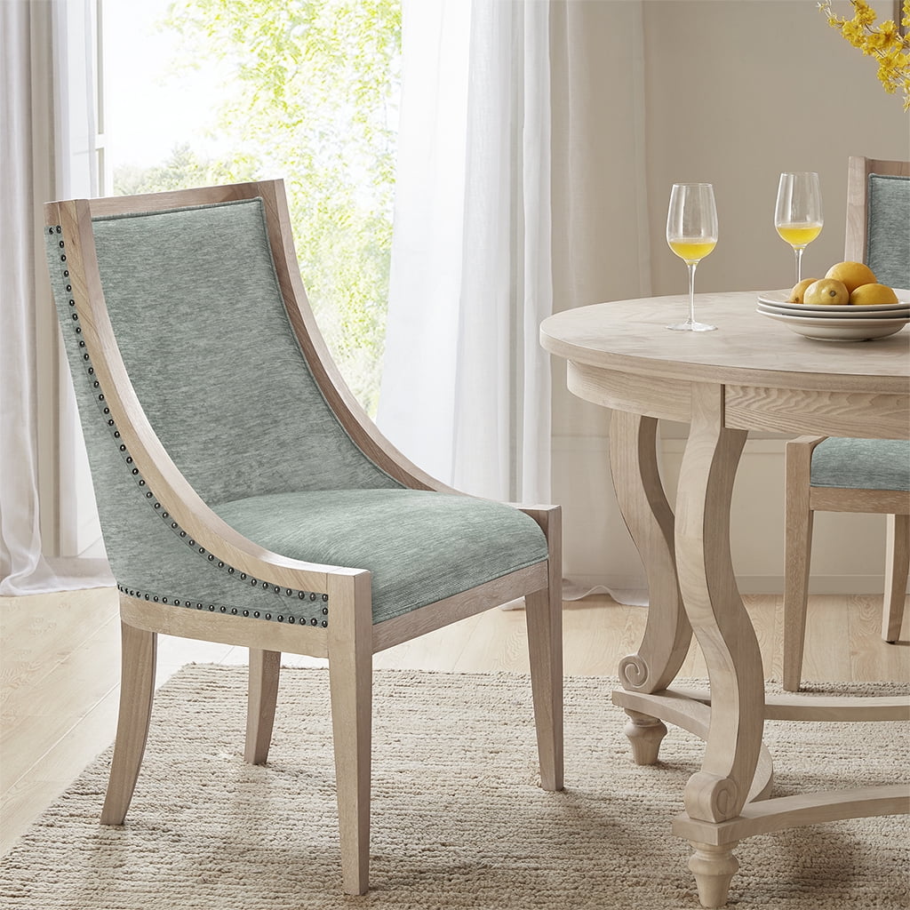 Elmcrest Soft Green Upholstered Dining Chair with Brass Nailhead Trim