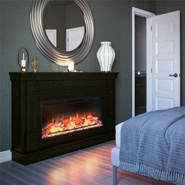 Elmcroft Wide Mantel with Linear Electric Fireplace, Charred Oak