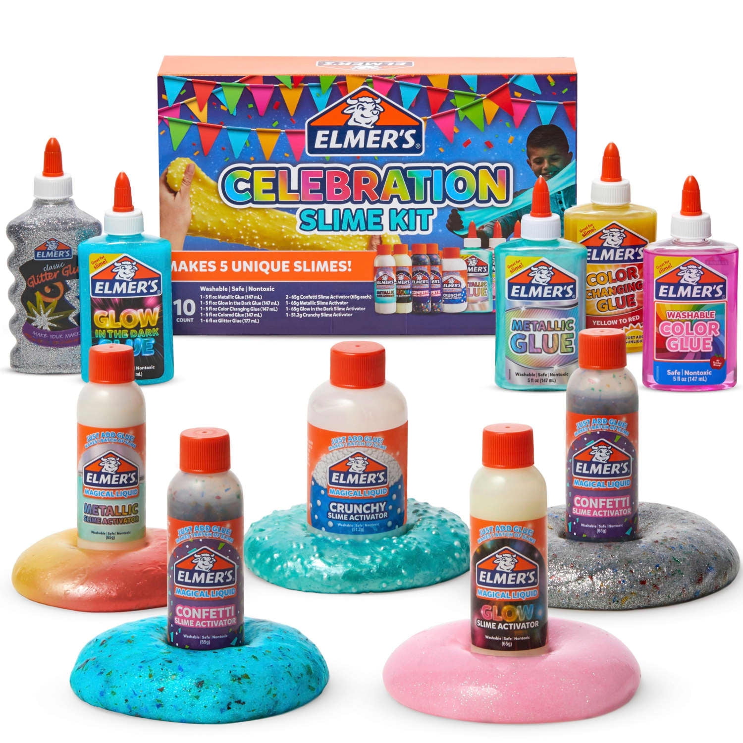 ELMER'S Elmers Celebration Slime Kit, Slime Supplies Include Assorted Magical Liquid Slime Activators and Assorted Liquid Glues, 10 Count