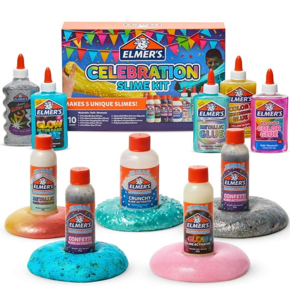 Elmers Celebration Slime Kit, Slime Supplies Include Assorted Magical Liquid Slime Activators and Assorted Liquid Glues, 10 Count