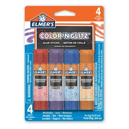 Elmer’s Color 'n Glitz Glue Sticks, Washable, Assorted Colors, 6 Grams, 4 Pack