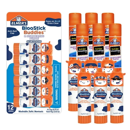 Elmer's BlooStick Buddies Glue Sticks, Disappearing Blue, 6g, 12 Count