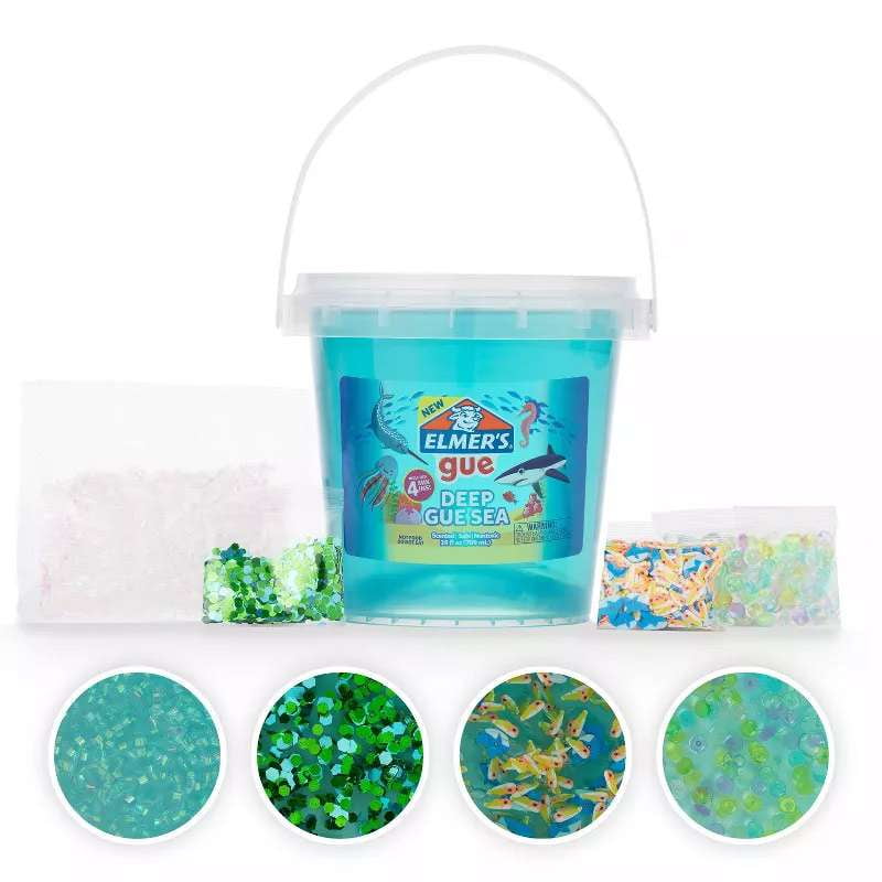 Elmer’s Gue Pre-Made Slime, Blue Clear Slime, Includes 4 Sets of Unique Mix-Ins, 1.5-lb Bucket
