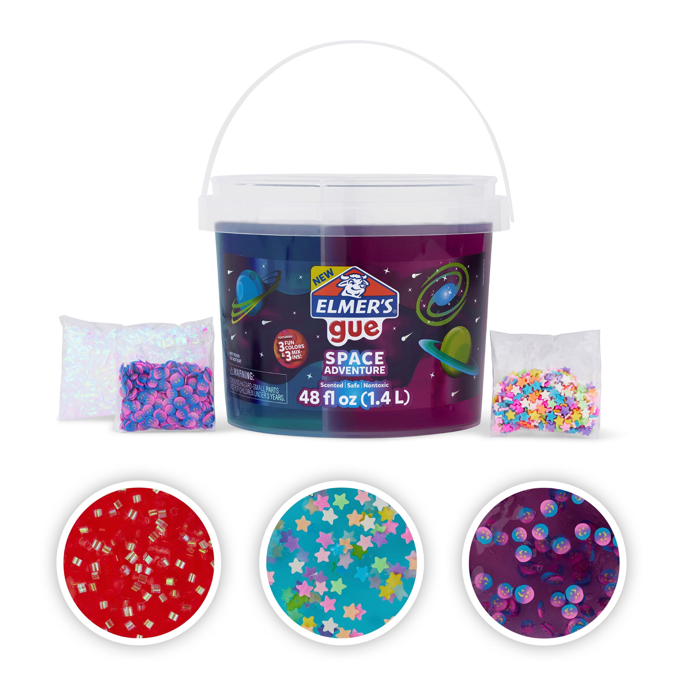 Elmer’s Gue Premade Slime Bucket, Space Adventure Theme, 3 lb. Bucket with 3 Types of Slime and 3 Sets of Add-Ins, Multi Color