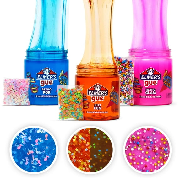 Elmer’s Gue Premade Slime, Retro Flash Slime Kit, Includes Fun, Unique Add-Ins, Variety Pack, 3 Count