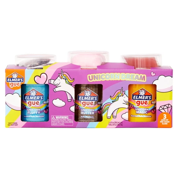 Elmer’s Gue Premade Slime, Unicorn Dream Slime Kit, Includes Fun, Unique Add-Ins, Variety Pack, 3 Count