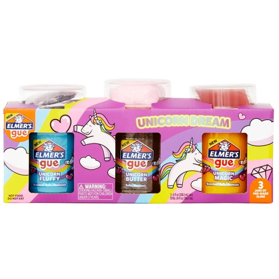 Elmer’s Gue Premade Slime, Unicorn Dream Slime Kit, Includes Fun, Unique Add-Ins, Variety Pack, 3 Count