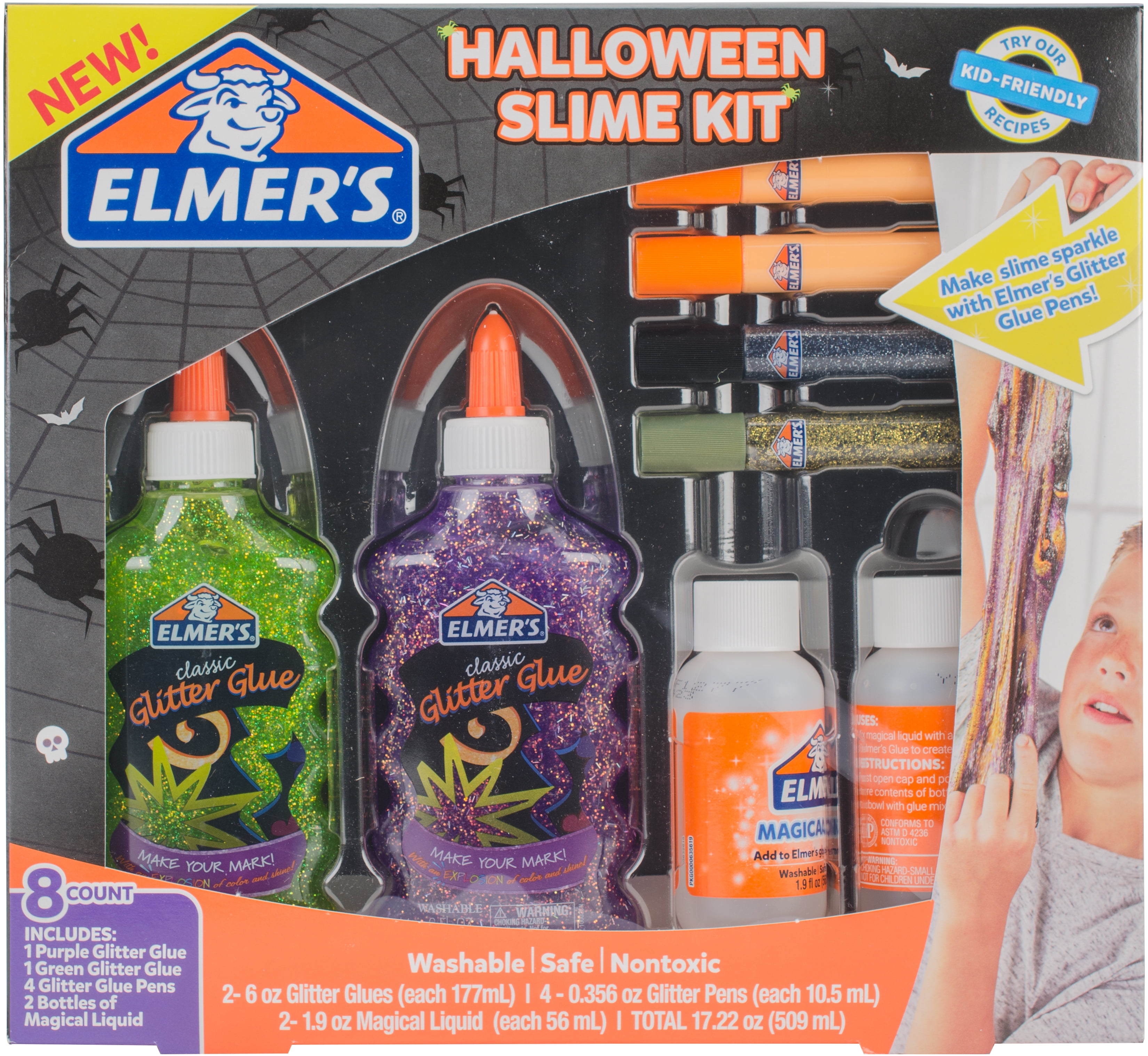  Elmer's Glue Spooky Slime Kit, Clear Glue, Glitter Glue Pens  and Magical Liquid Slime Activator Solution, 8 Count