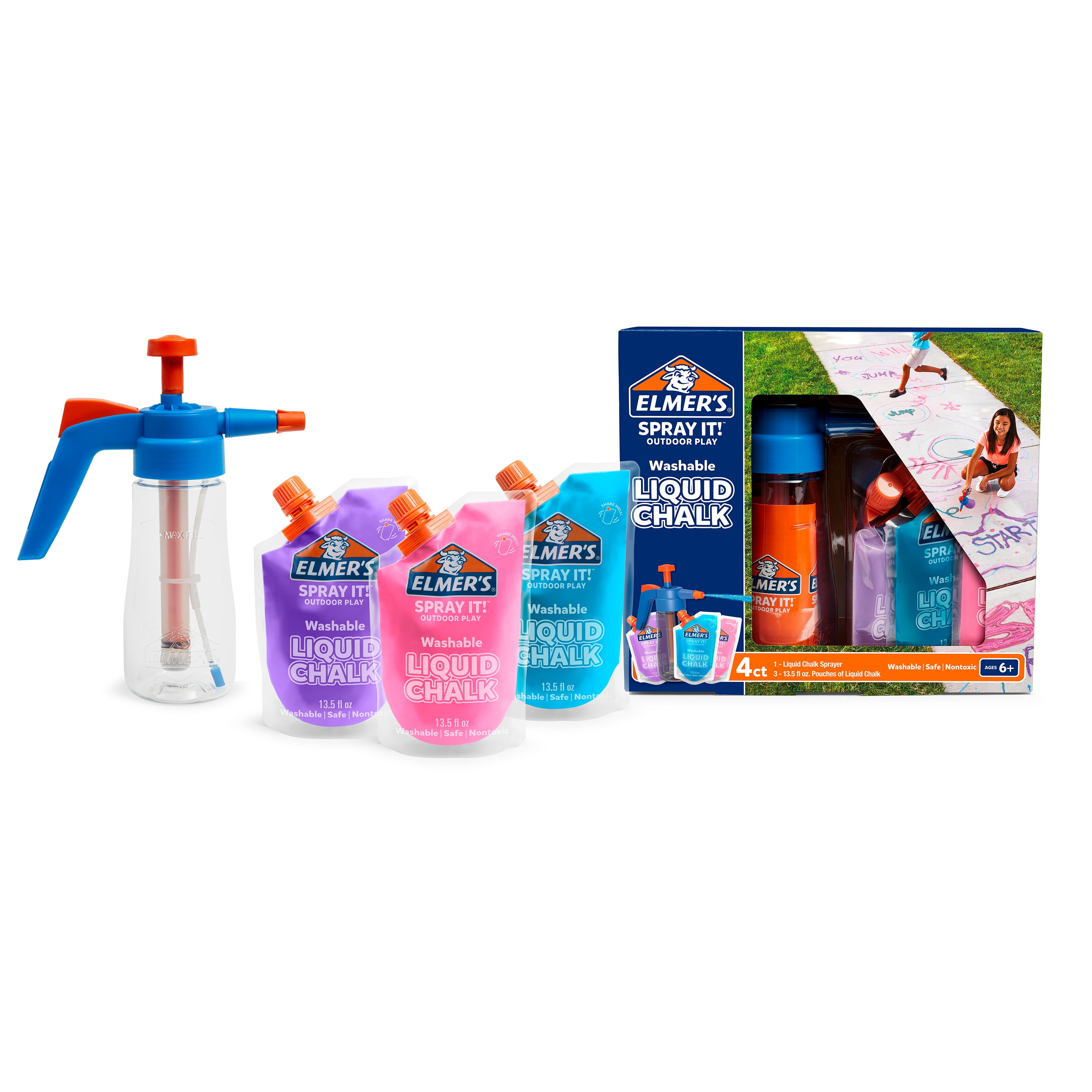 Elmers Spray It! Outdoor Play Washable Liquid Chalk Kit, Sprayer and Refills, 4 Count