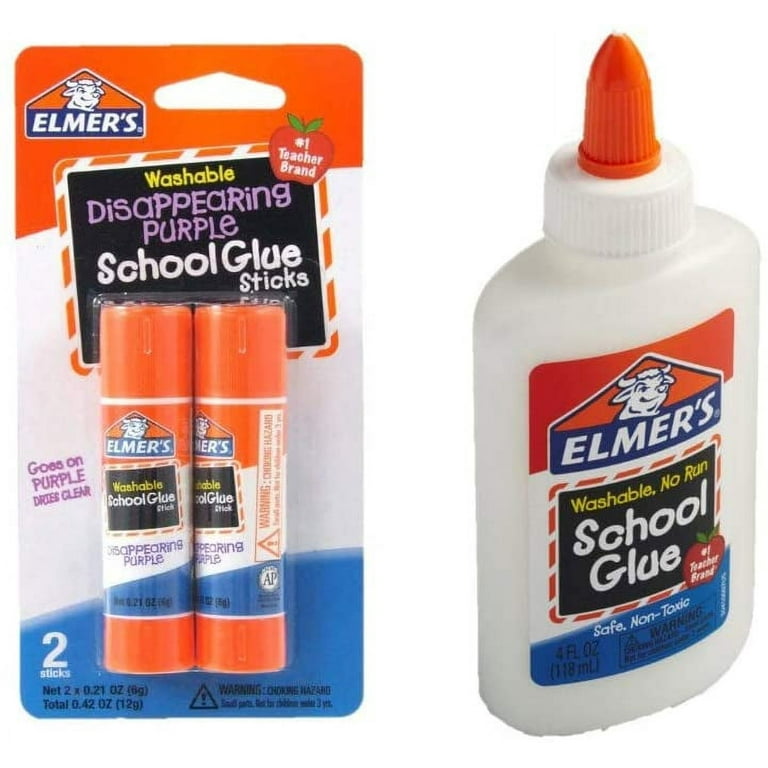 Elmer's Bundle Washable Liquid School Glue, White, Dries Clear, 4 fl oz Plus Disappearing Purple Elmer's School Glue Stick, 6G, 2pk