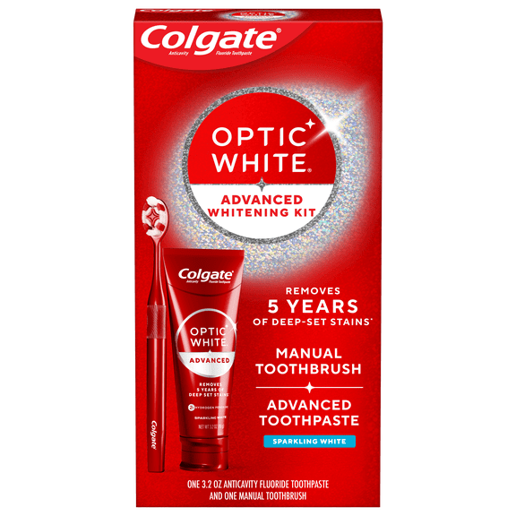 Colgate Optic White Advanced Teeth Whitening Toothpaste and Adult Whitening Toothbrush Kit
