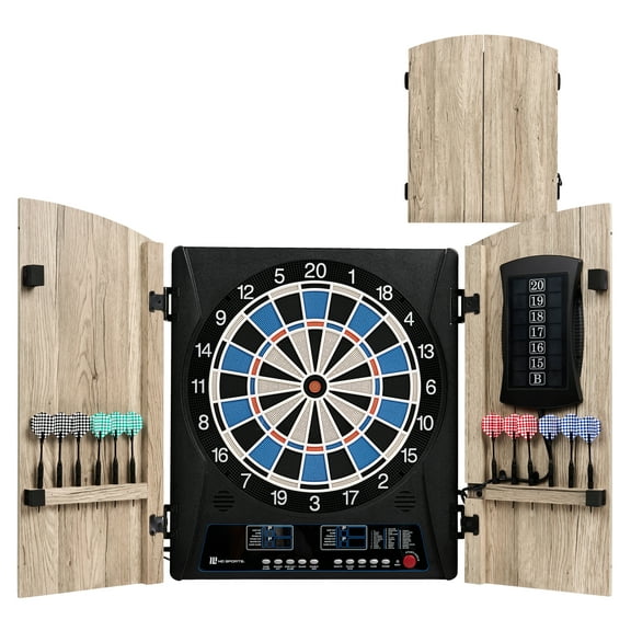 Elmhurst Electronic Dartboard Cabinet with Digital X/O Cricket Scorekeeping, Soft Tip Darts, by MD Sports