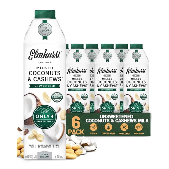 Elmhurst 1925 Unsweetened Coconut & Cashew Milk - 32 Ounce (Pack of 6) Dairy-Free, Gluten-Free, Vegan, Shelf Stable Milk Made w/ Coconut Cream & Cashews for Healthier