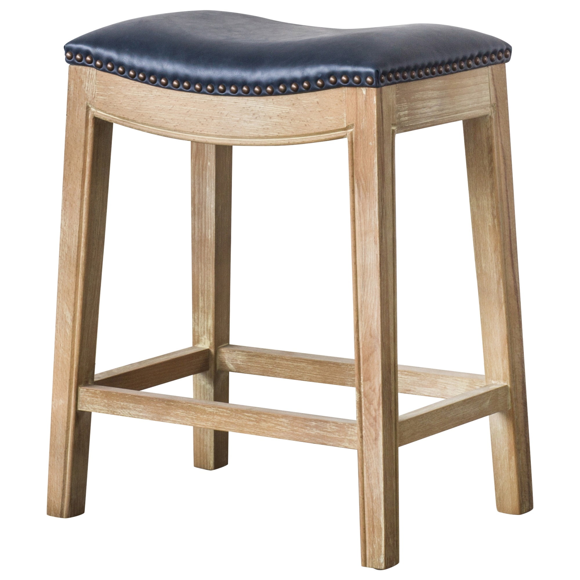 Vintage Blue Adjustable Saddle Style Wood Leather Counter Stool