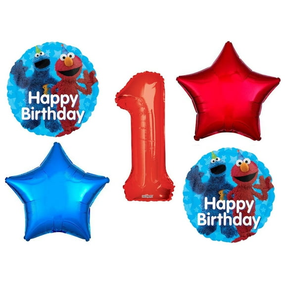 Elmo and Cookie Monster 1st #1 Birthday Party Sesame Street 5 Piece Mylar Balloon Set