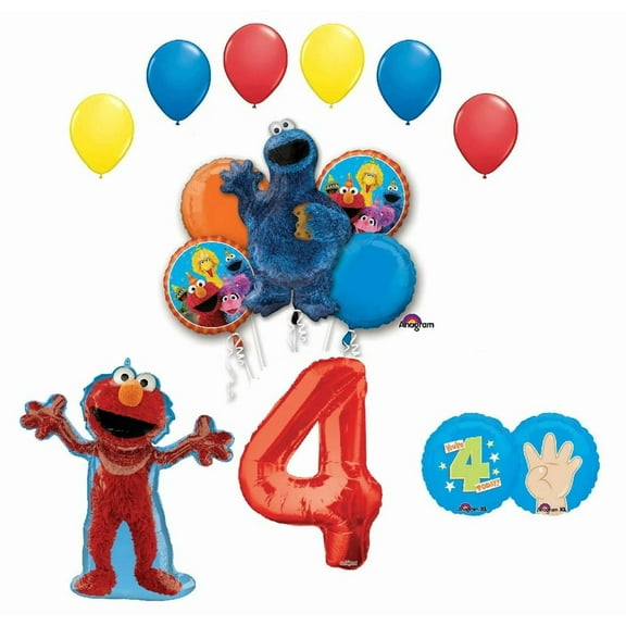 Elmo and Cookie Monster Sesame Street 4th Birthday Party 14 Piece Supplies Balloon Decoration Bouquet Set