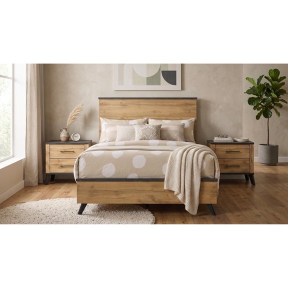 Elmwood Weathered Brown Natural Pine Full Panel Bedroom Set with 2 Nightstands, Mid-Century Modern, Matte Black Pulls