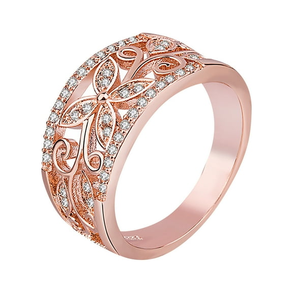 Elneeya Rings for Women Rose Gold Plated Wide Band Hollow Flower Butterfly Ring Wedding Bands Engagement Rings for Women Girls CR098 (Rose Gold,Size 8)