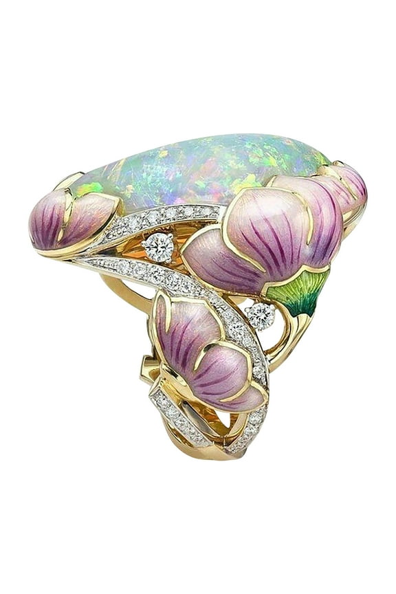 Clearance Rings for Women Solid Gold Floral Lavender Fuchsia Lotus Enamel Oval Cut Fire Opal Band Rings