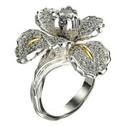 ELNEEYA Clearance Rings for Women Women's Micro Pave Full Diamond Iris Two-Tone Blue Topaz Flower Ring