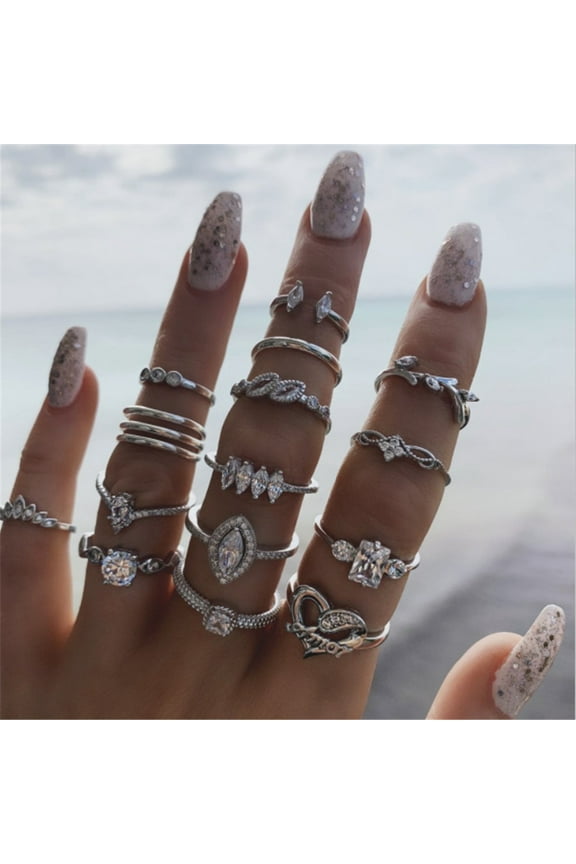 Vintage Knuckle Ring Set for Women Stackable Fashion Rings Silver, Rhinestone (Pack of 15)