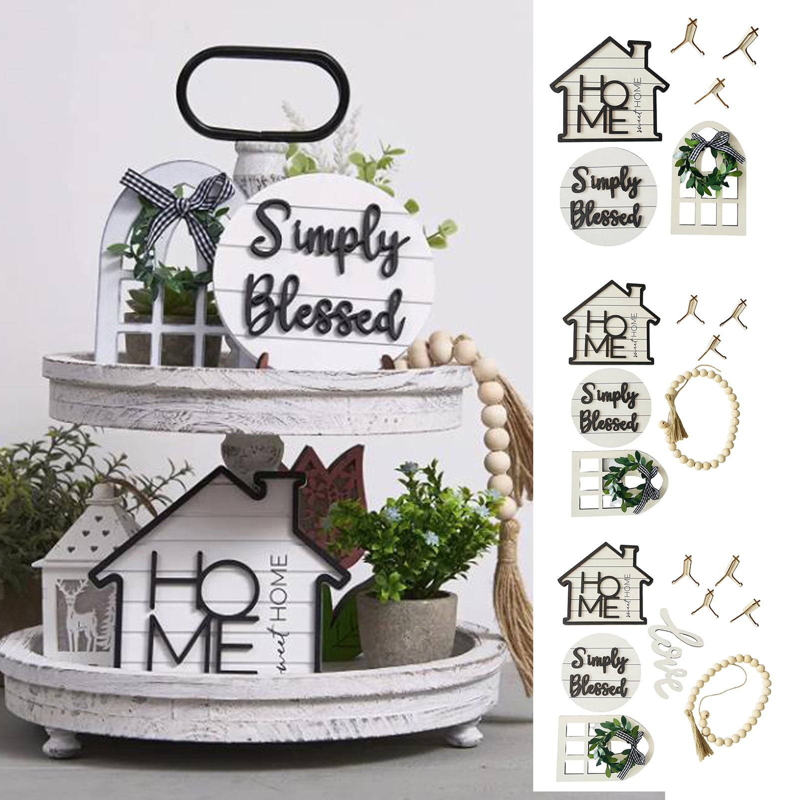Elodia 1 Set Farmhouse Tiered Tray Ornament with Holder Rustic White